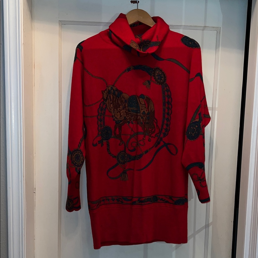 90s Designer Equestrian turtleneck Sweater dress large